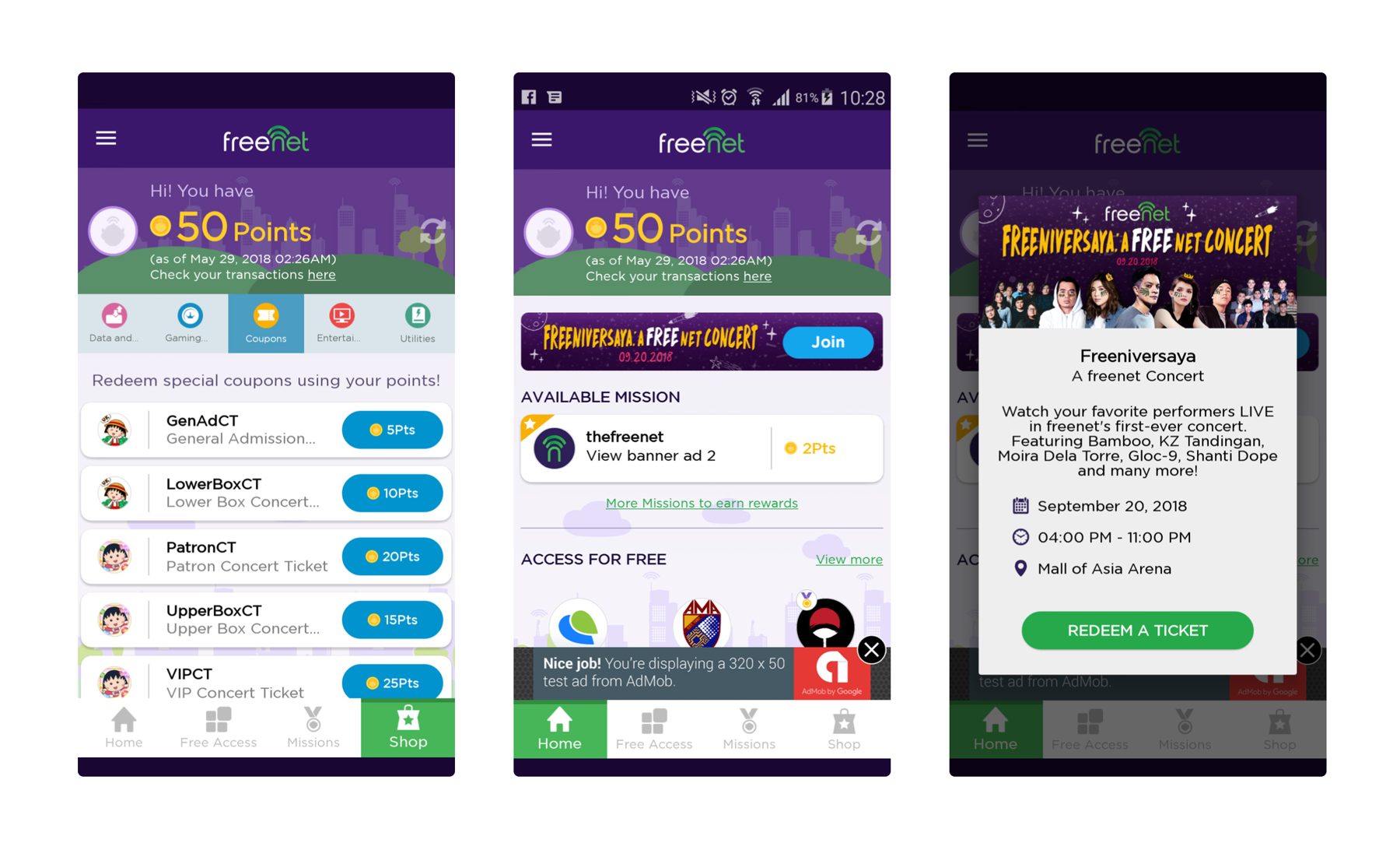 freenet app screens for concert tickets and coupons