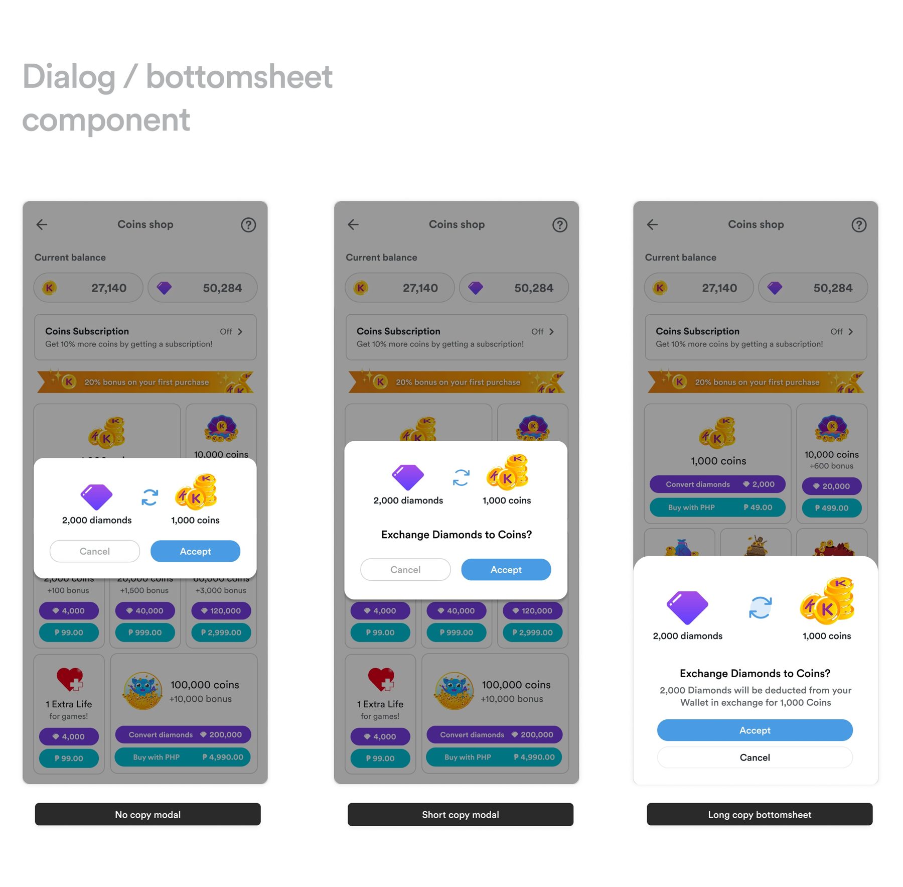 Variations of the purchase dialog and bottom sheet component