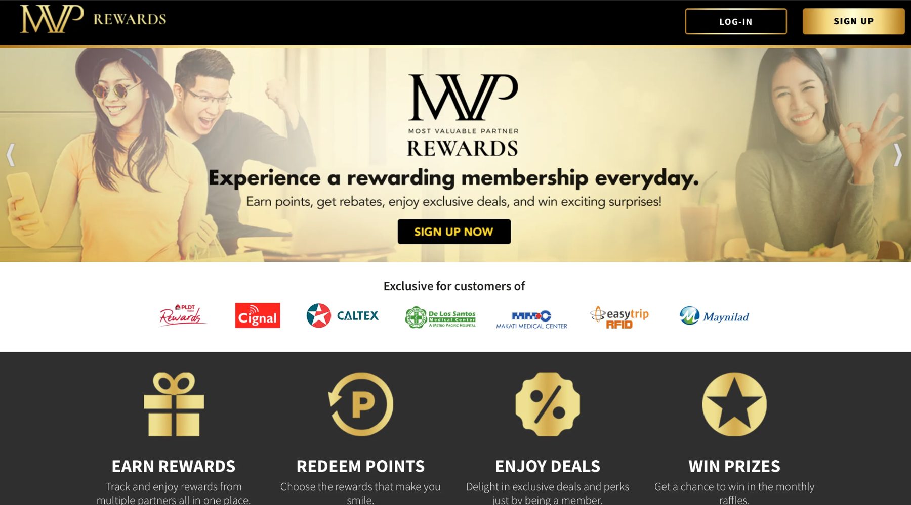 MVP Rewards website homepage with partner logos