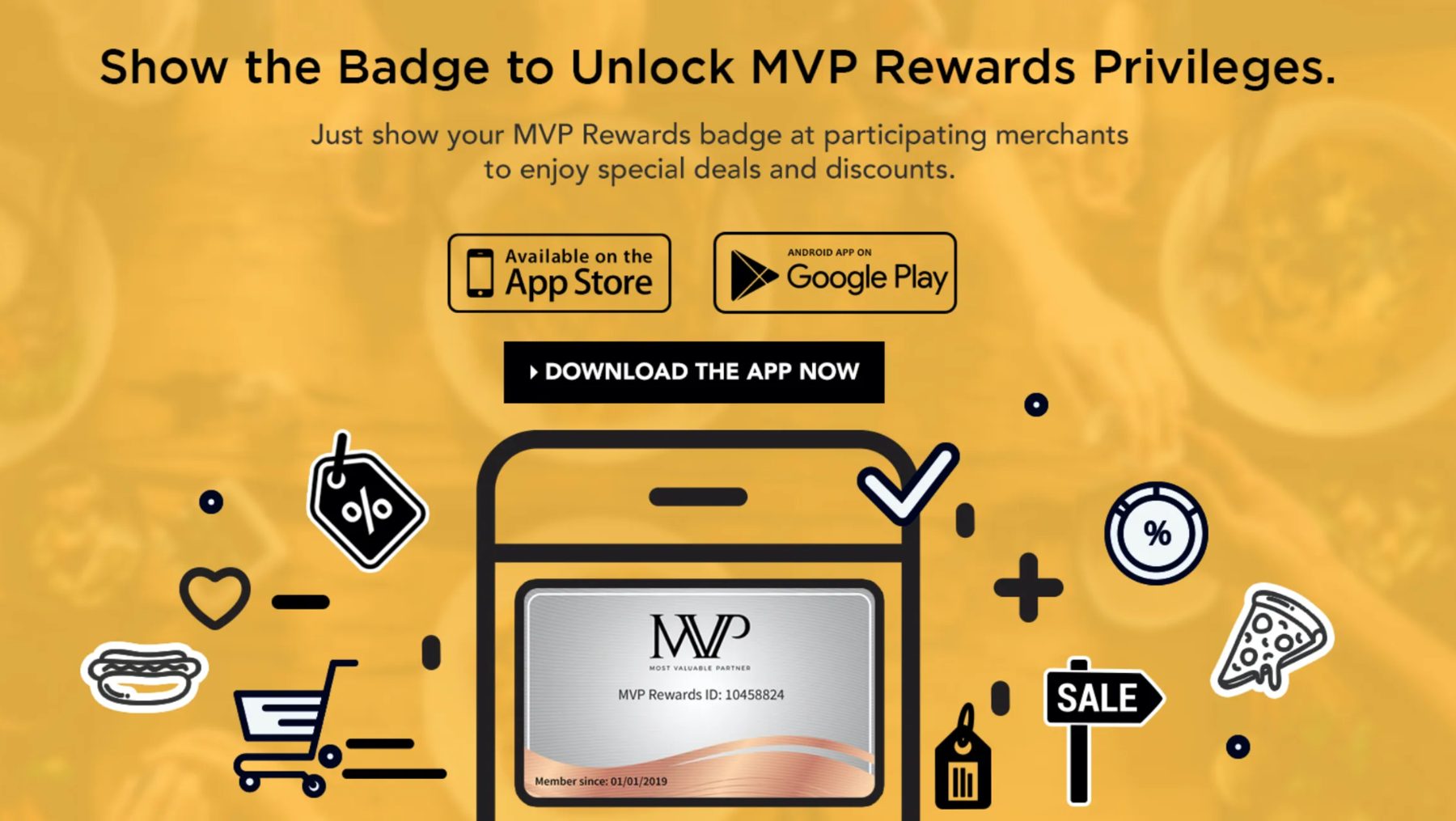 Promotional graphic showing the MVP Rewards badge being scanned at a merchant