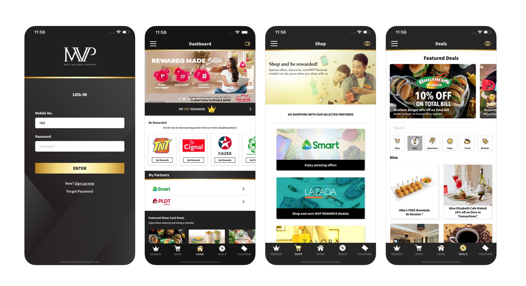 Several MVP Rewards app screens including sign-in, partners and rewards